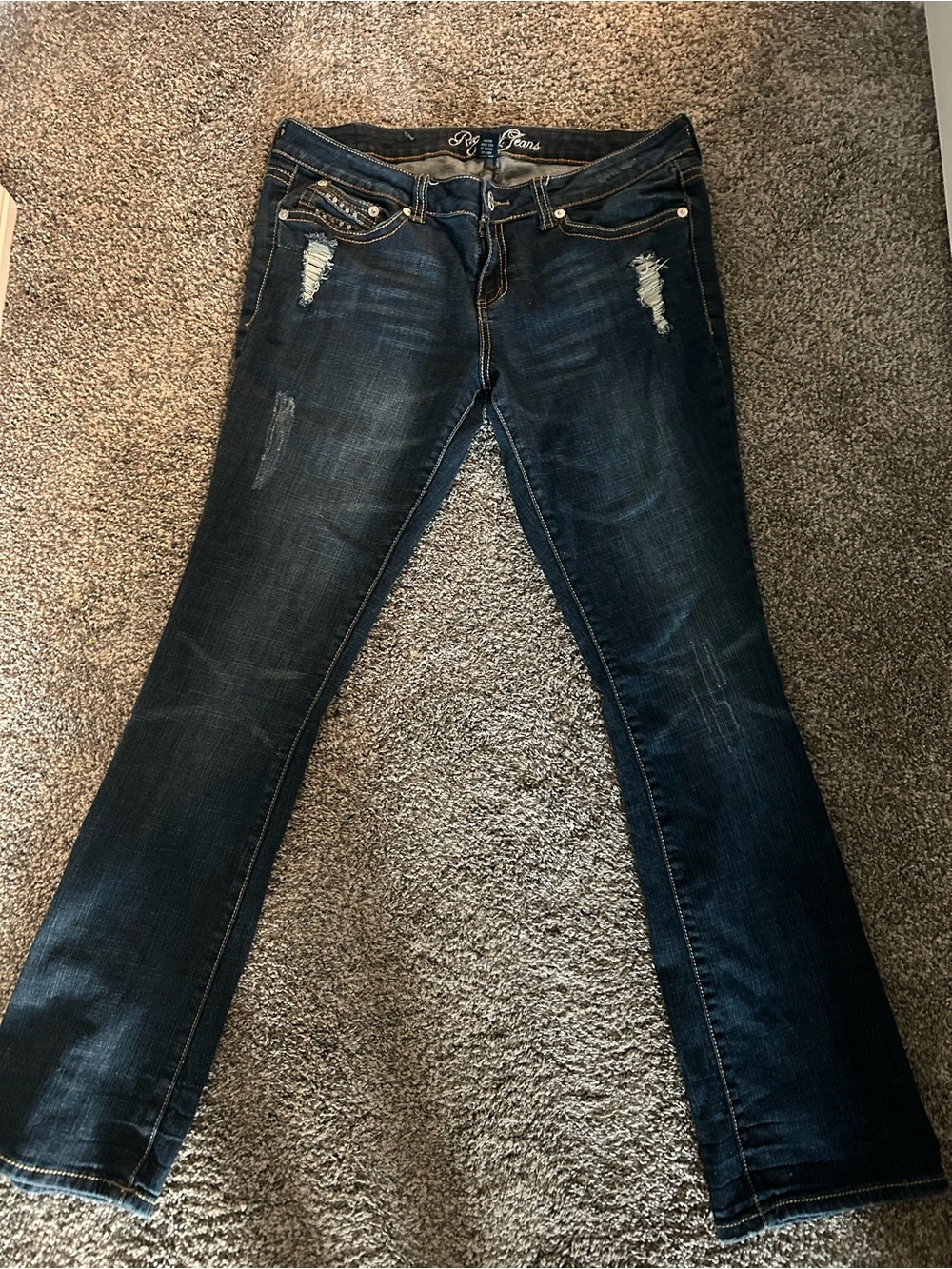 Request Jeans Dark Blue Flare Jeans with Distressed Detail
